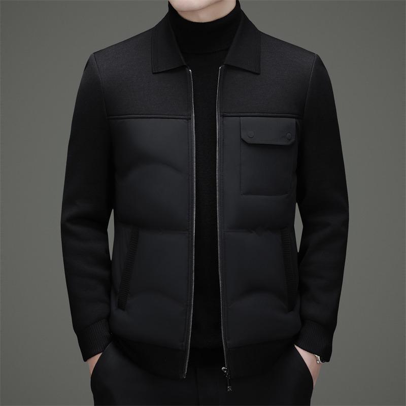Men's Warm Lapel Duck Down Jacket - Tencel Knit Patchwork for Middle-Aged and Young