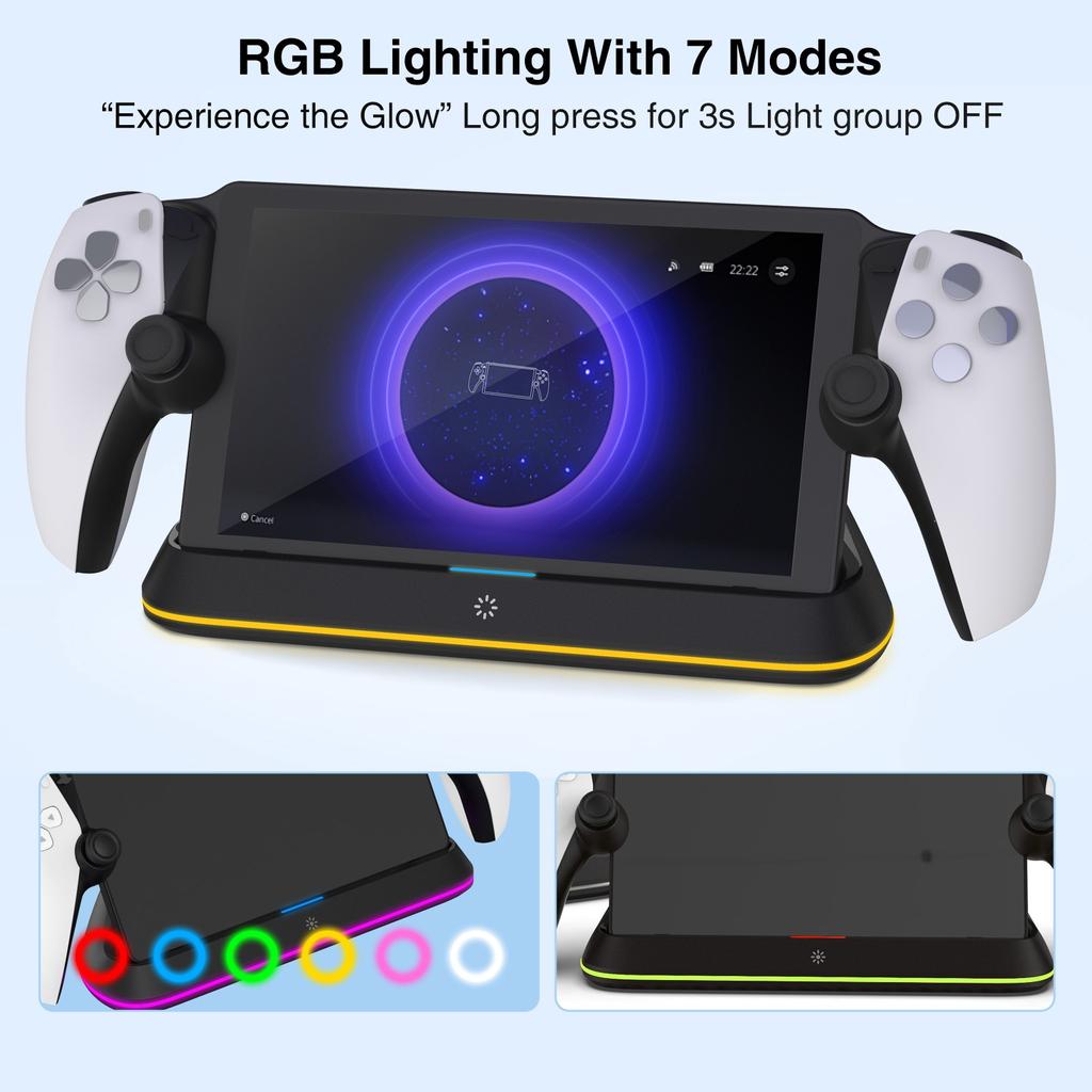RGB Portable Charging Dock Charging Stand Station for PS5 Portal Consoles Accessories with 7 Lighting Modes and Type C Cable Quick Charging with Light