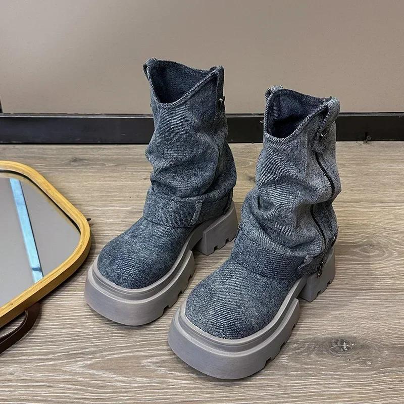 Fashion Women Thick Heel Western Cowboy Boots Female New Fashion High Heels Ankle Boots Woman Autumn Winter Platform Motorcycle Botas