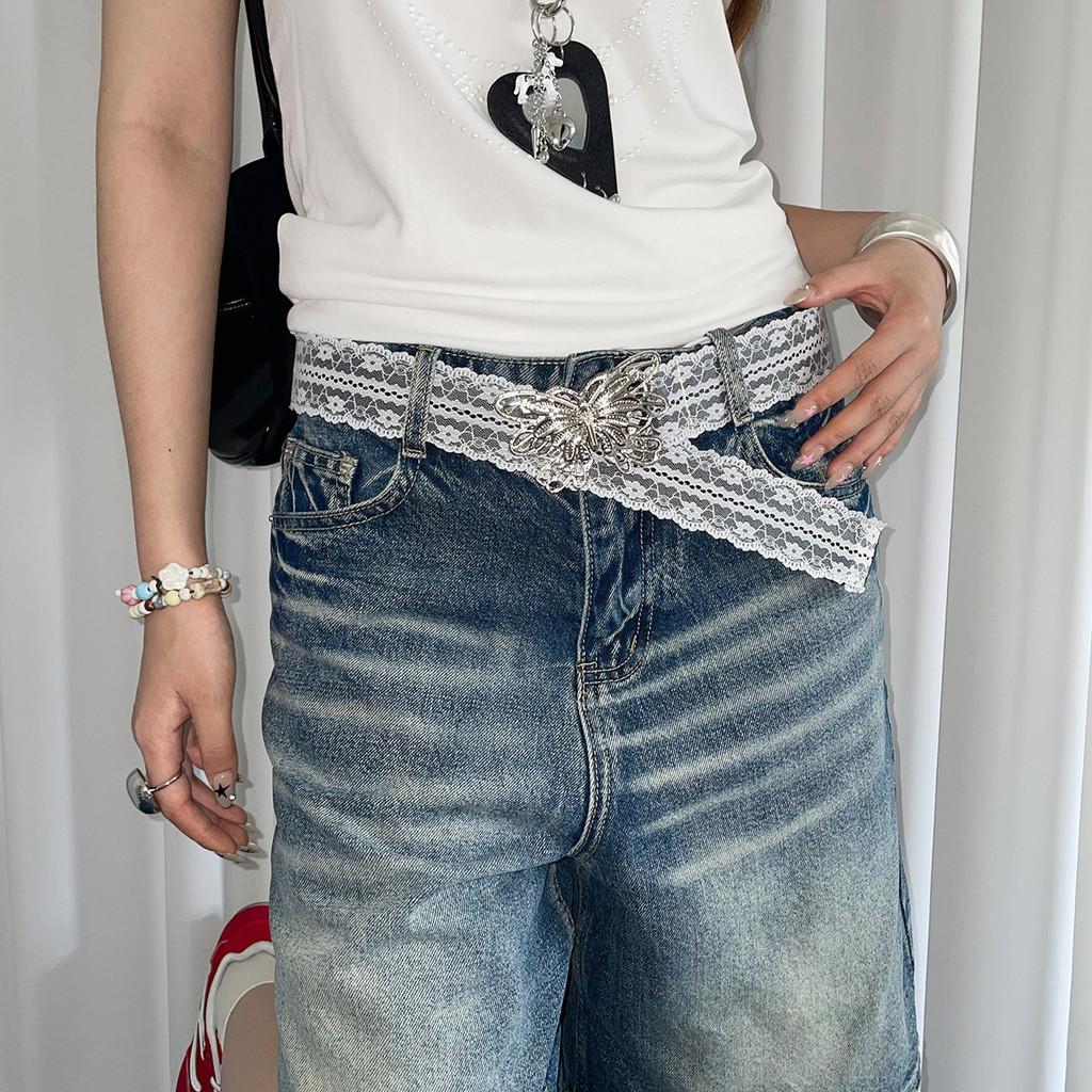 Silver Fashionable Butterfly Buckle Decor Women Casual White Lace Belt Waist