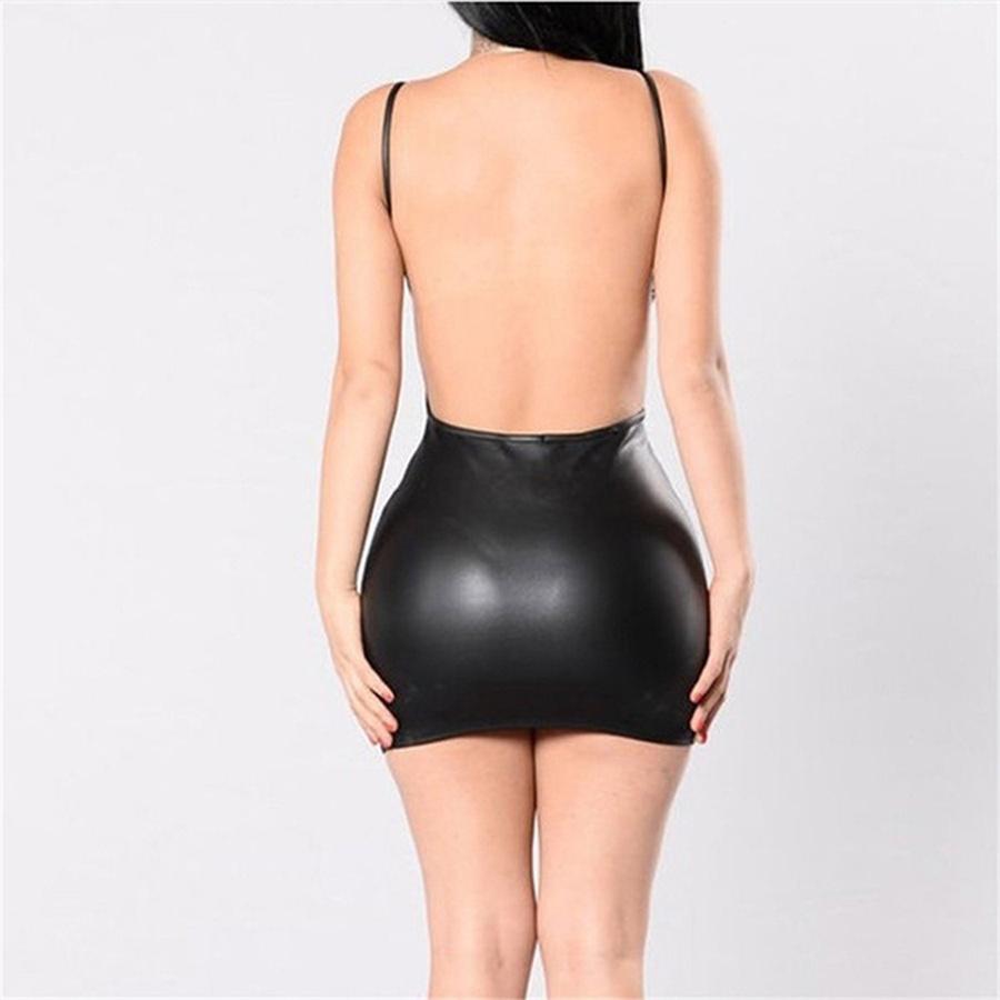 Moda femei din piele PU rochie bodycon fără spate Curea fără mâneci geantă neagră rochie șold cu spate fuste mini club de noapte