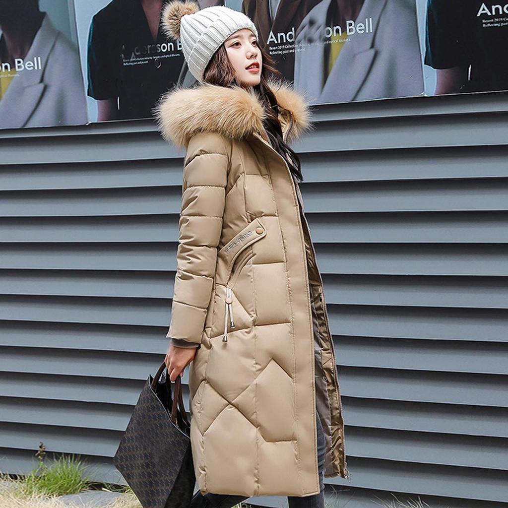 Womens Winter Jacket Warm Overcoat Slim Fur-Hooded Zipper Thicker Coat Outwear