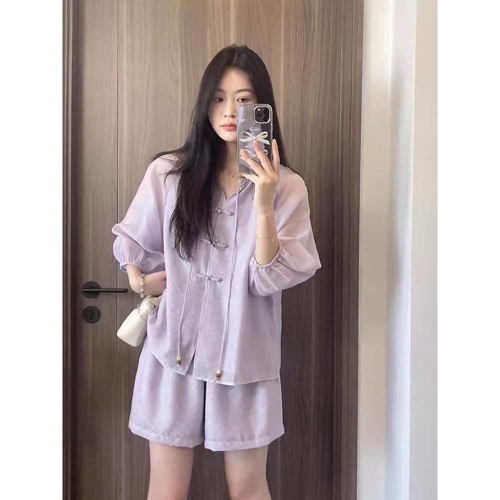 

Women s Summer Loose-Fit Chinese Style Two-Piece Set: Short Sleeve Cardigan & Lightweight Shorts Large