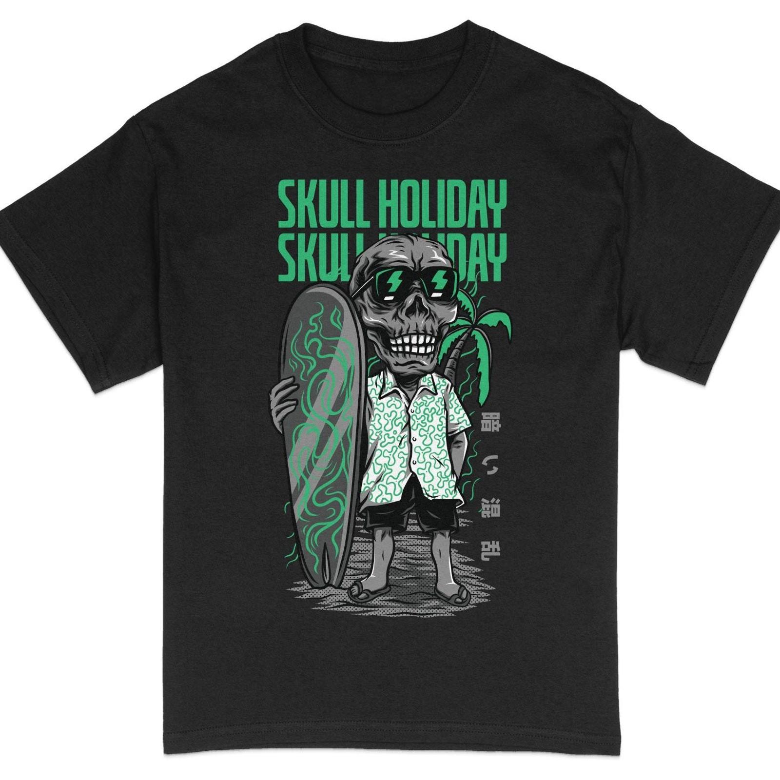 Men s Graphic Tee, Skull Holiday, Surfing Skeleton, Beach Party T-Shirt, #26 S