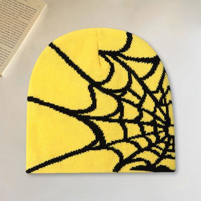 Unisex Winter Hat Spider Web Jacquard Knitted Dome Elastic Contrast Color Brimless Cold Weather