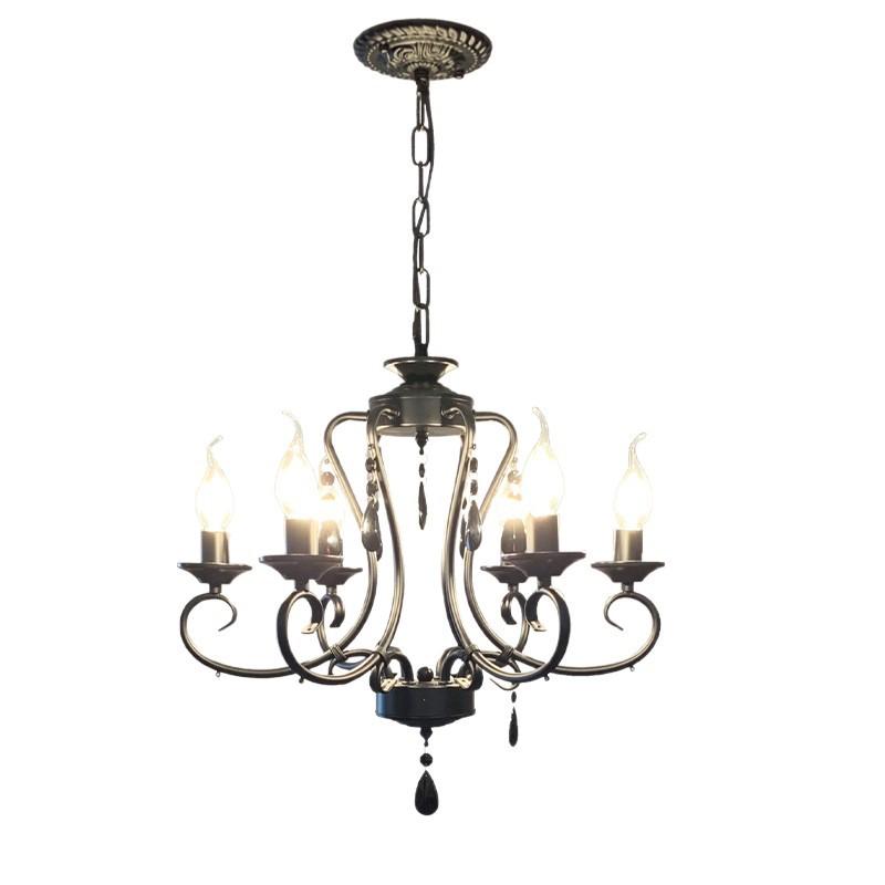 Retro Candle Pendant Light, Living Room Light, Dining Room Bedroom, Simple Rustic Style, Wrought Iron Black Crystal Lighting Fixture