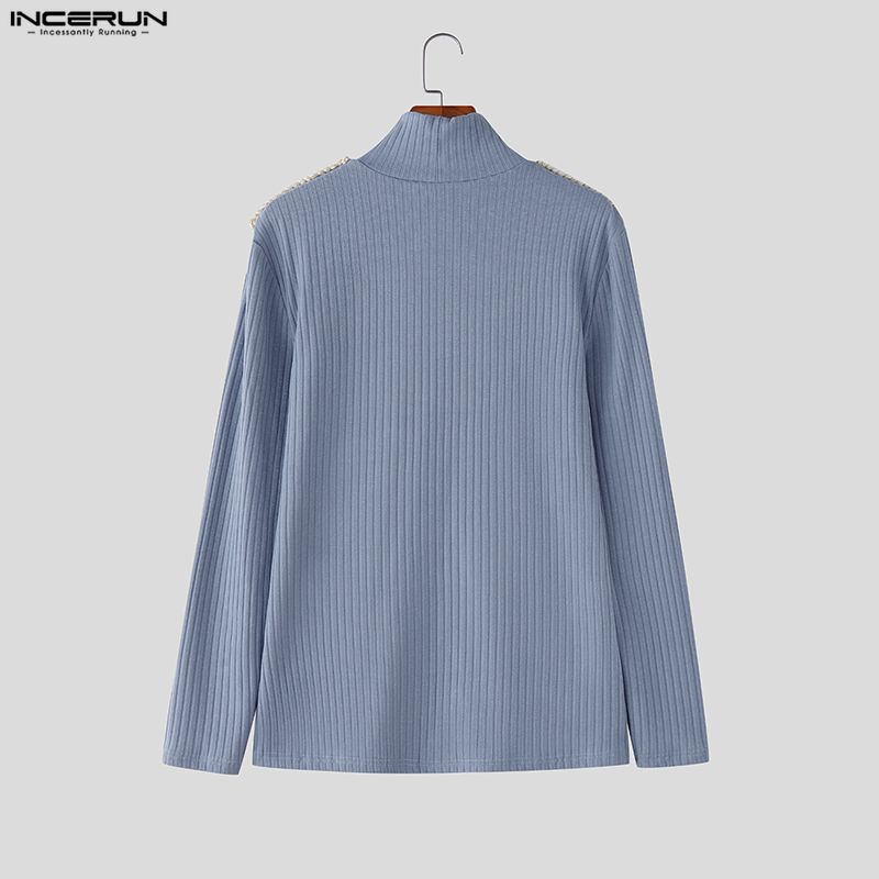 INCERUN Spring Men's High Neck Long Sleeve Buttons Decorative Fitted T-shirts Tops Undershirts