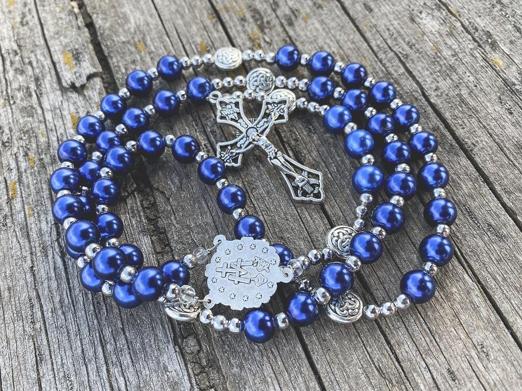 Nazareth Store Blue Pearl Beads Rosary Catholic Necklace Miraculous Medal Cross Silver Tone Rosary in Velvet Bag, 2XL, No Glass, No Gemstones