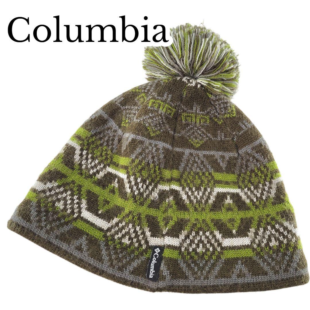 Used [Good Condition] Columbia Beanie Knit Hat Green All-over Pattern Pom Pom Men s