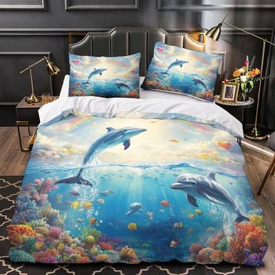 Cartoon Delphin Motiv Bettwäsche, Mikrofaser Bettwäschesets, Kinderbettwäsche für Jugendliche Erwachsene 3-teiliger Bettbezug