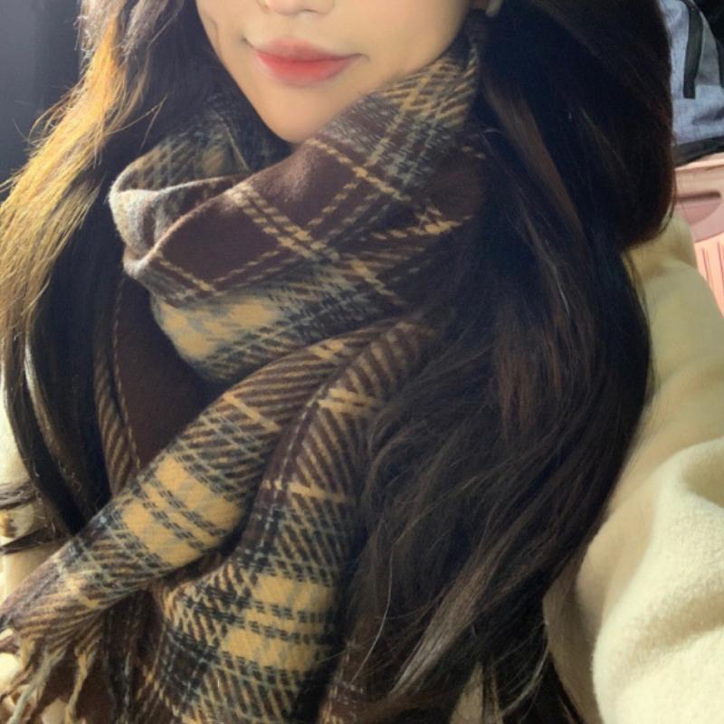 Cute Couple High-End Plaid Scarf Women's Winter Korean Style Versatile Student Thickened Warm Neck Warmer