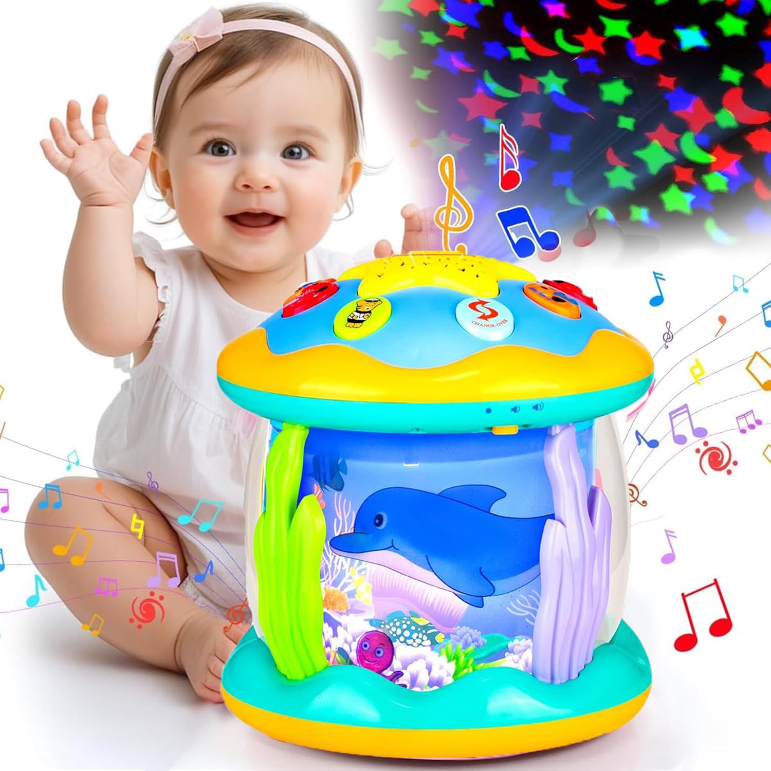 

Игрушка, Музыкальный инструмент, Обучающая игрушка, Проектор, Барабан, Музыкальная игрушка, Популярный рейтинг, 8-цветная вращающаяся подсветка, 10 мелодий, 8 видов звуков инструментов