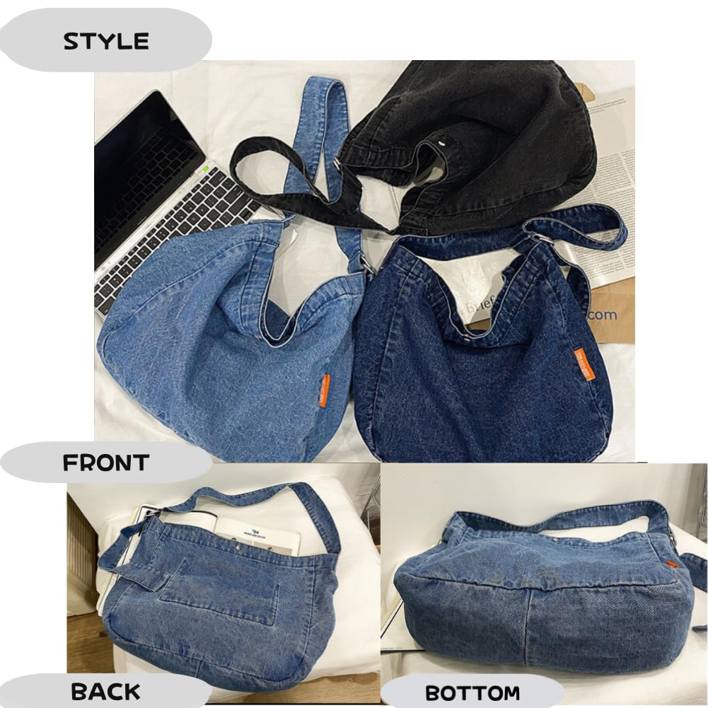 Denim Women's Shoulder Bag, Tote Bag, Messenger Bag, Crossbody Bag, Simple, Solid Color, Casual, Large Capacity, Remade Style (Light Blue)