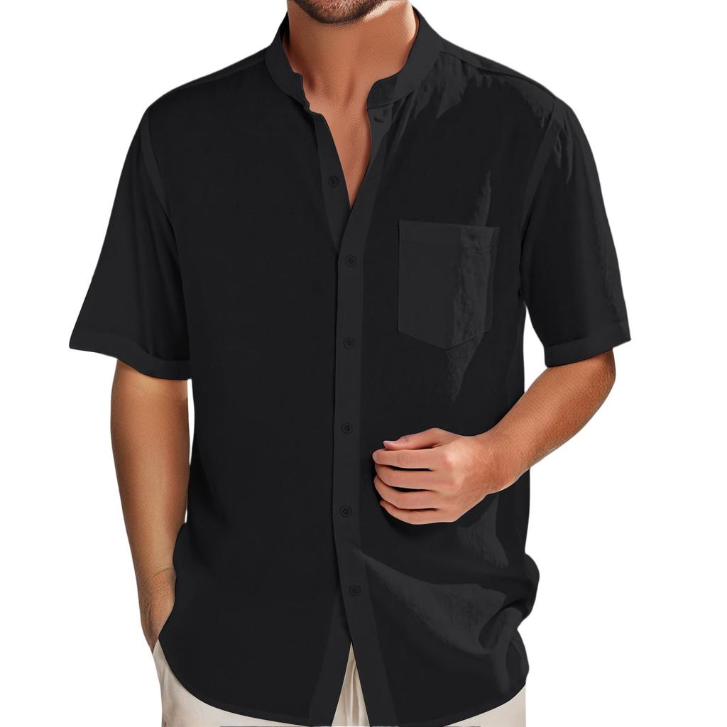 Men's Cotton-Linen Casual Short-Sleeve Shirt - Stand Collar, Pocket, Color, Button - Down, Breathable