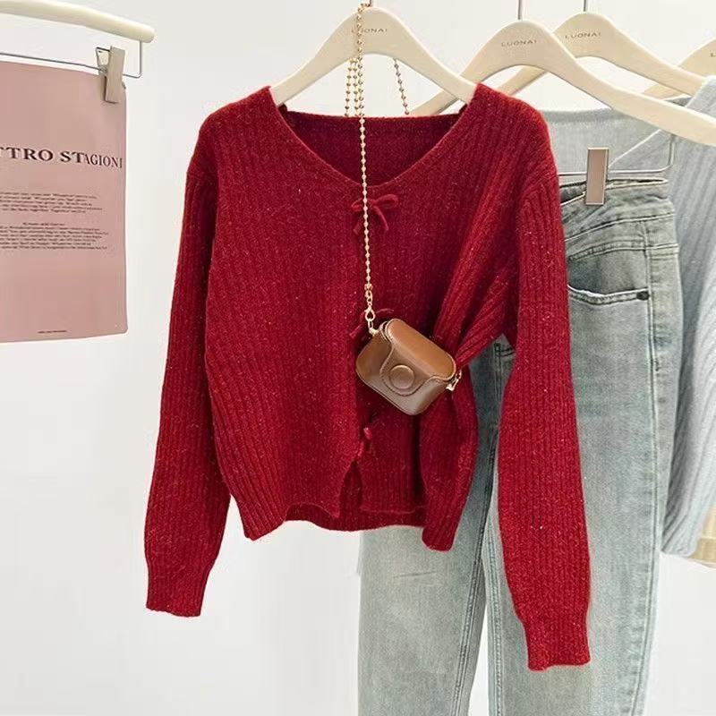 Red Sweet Bow Short Sweater Long Sleeve Knitted Sweater 2026 Spring and Autumn Foreign Style New Bottom Top