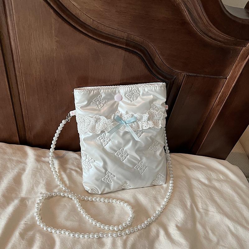 Nieuwe schoudertas met strik, crossbody tas, mobiele telefoon tas, parelketting, draagbare make-uptas, opbergtas, kleine vierkante tas.