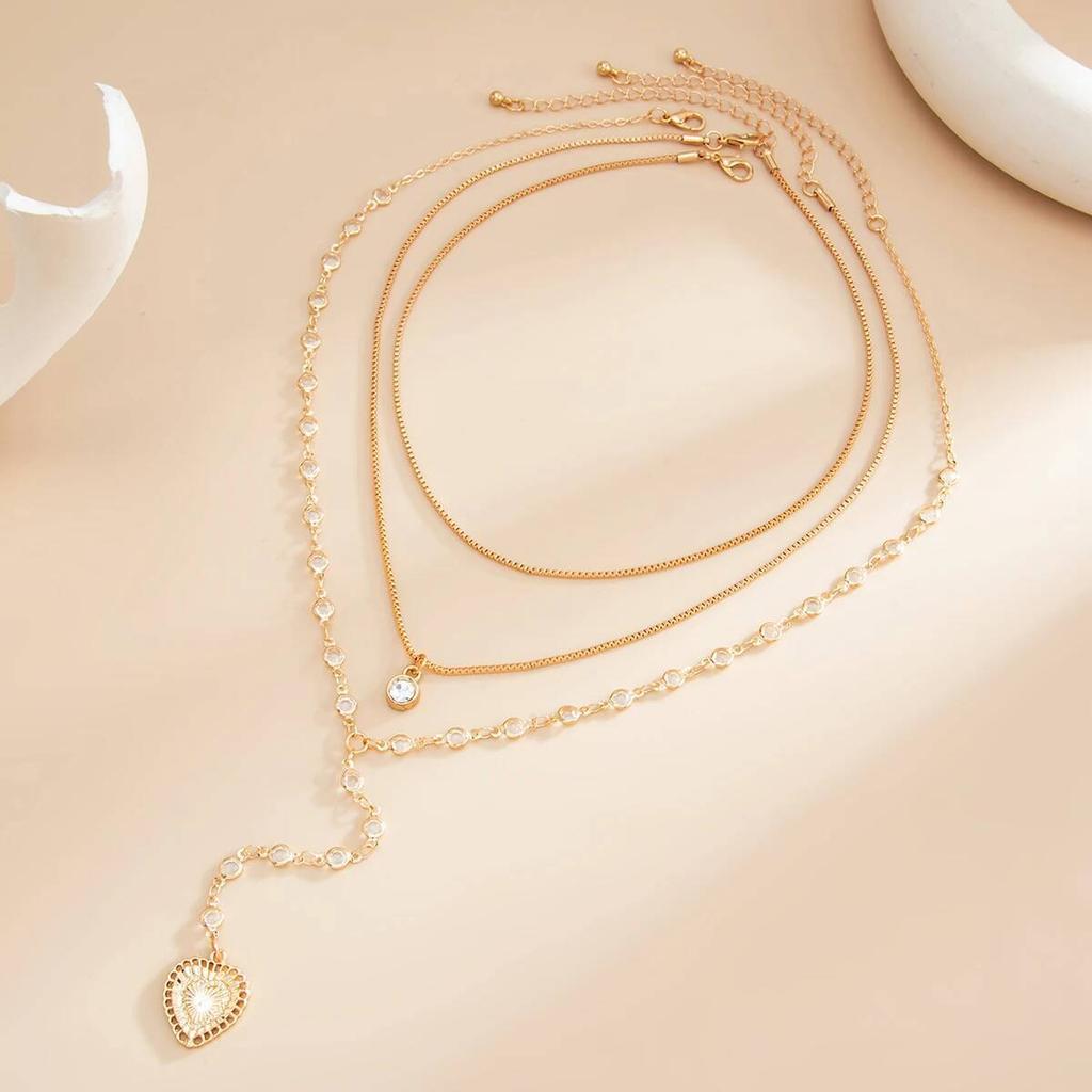 Salircon 3Pcs/Set Minimalism Exquisite Crystal Heart Pendant Necklace for Women Fashion Y Shape Inlay Rhinestone Choker Jewely