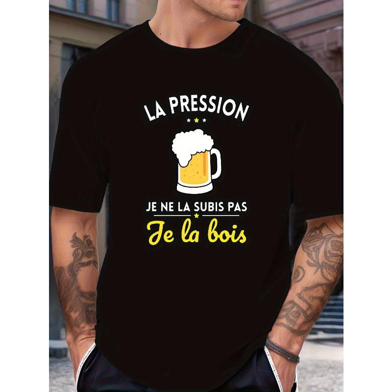 Men'S Graphic T-Shirt - "La Pression Je Ne La Subis Pas Je La Bois" Beer Mug Design, Casual Short Sleeve Round Neck Summer Tee for Outdoor Activities
