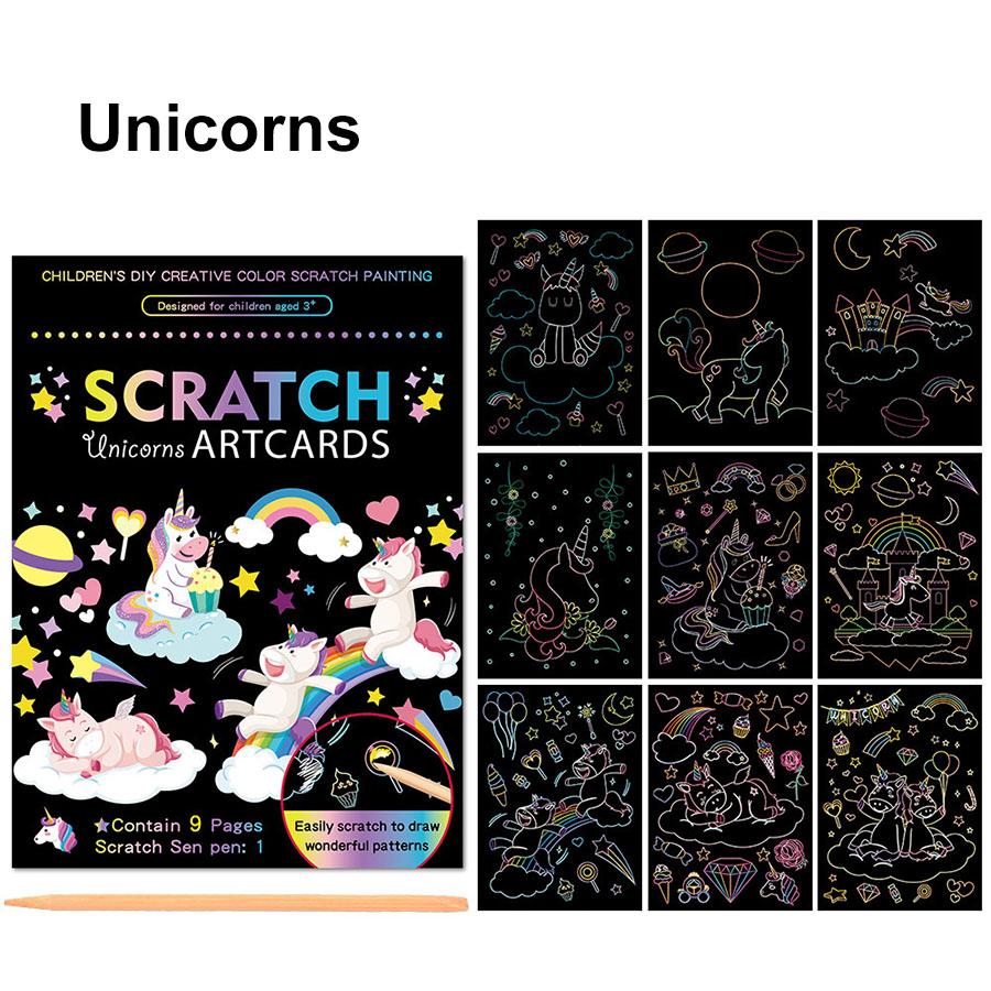 9pages Unicorn Mermaid Scratch Painting book with Wooden Pen Cartoon Magic Rainbow Color Scratch Card Back Coloring Art Gift JXB
