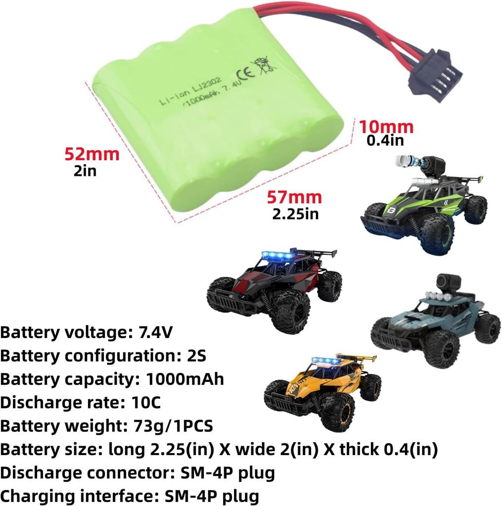 7.4V 1000mAh Akku mit SM-4P Stecker | Kompatibel mit RC DE36W DE65 | Lange Lebensdauer, Kompaktes Design, Grün