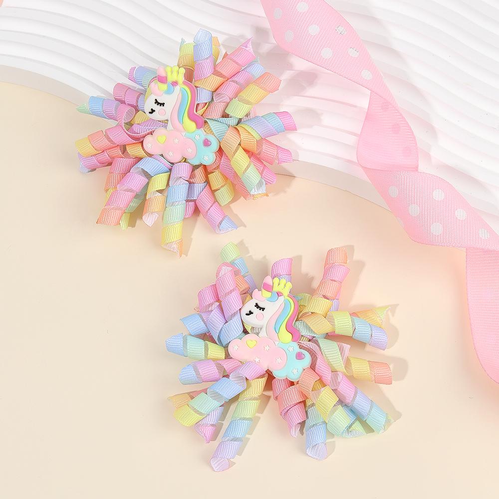 2Pcs Cartoon Unicorn Hair Clips Firework Rainbow Curled Ribbon Tassels Hairpins For Girls Children New Headwear Hair Accessories