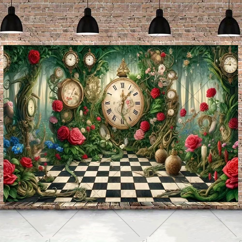 Alice s Adventures in Wonderland Birthday Party Banner Backdrop, Music Children s Birthday Party Decoration Photography Backdrop Vinyl 75X50cm