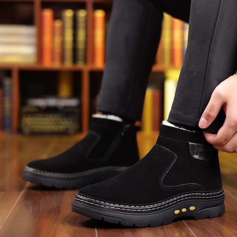Winter Men Shoes Wool Boots High Top Warm Genuine Leather Casual Shoes Thick-soled Snow Boots