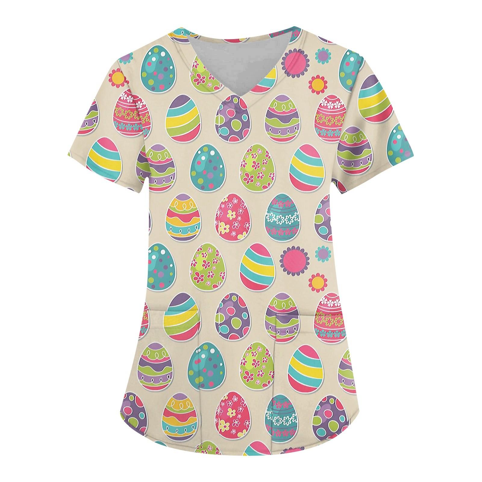 

Жіночий модний робочий одяг з V-подібним вирізом і короткими рукавами з кишенями, великодні топи з принтом XXXXL хакі