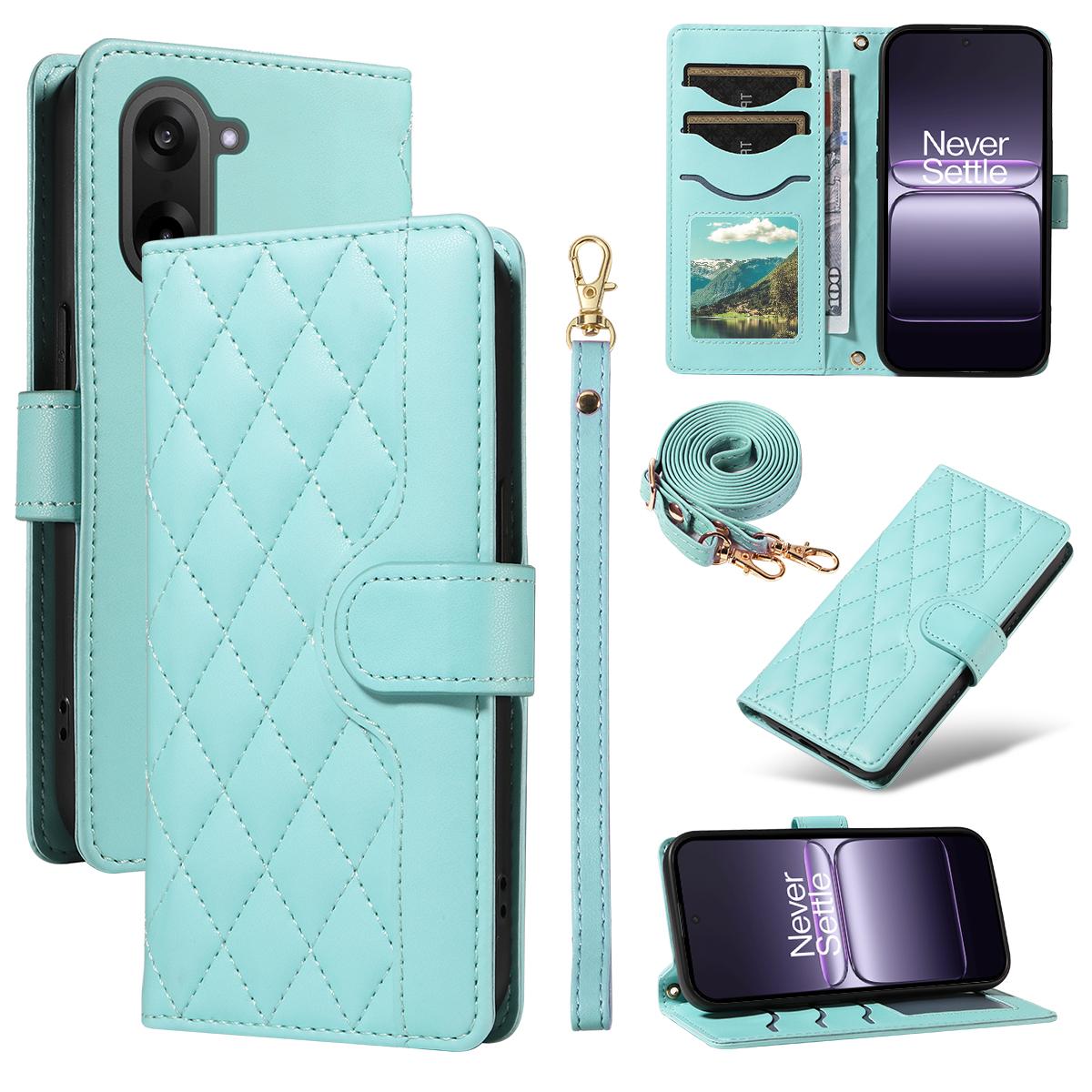 

For OnePlus Nord CE5 5G/OnePlus Ace 5 Racing 5G Wallet Case Rhombus Leather Phone Cover with Strap Green