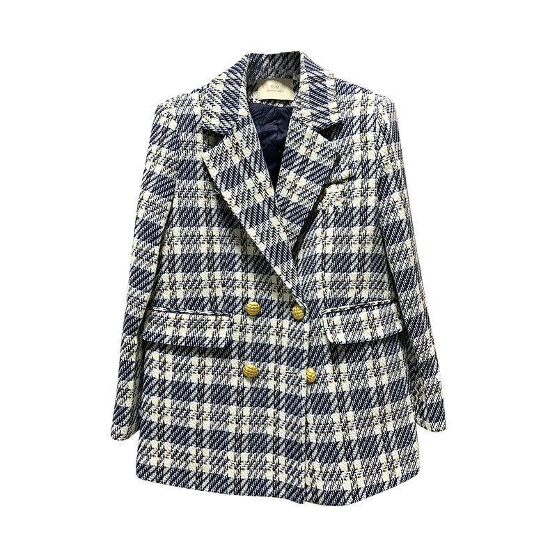 Winter Fashion Double Breasted Women Tweed Blazers And Jackets Blue Formal Plaid Clothes