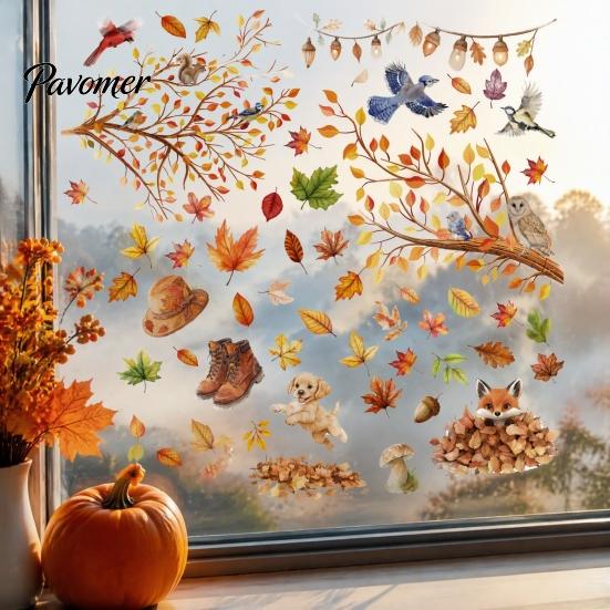 Pumpkin Squirrel Window Art 9PCS Thanksgiving Static Clings, Fall Leaves Birds Cute Animals Autumn Clings for Glass Stickers, No-Adhesive Removable