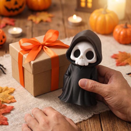 Horror Theme Party Supplies 3D Printed Grim Reaper Figurine, Gothic Black Robe Skeleton Statue, Figurine Mini Model Toy for Halloween Desktop