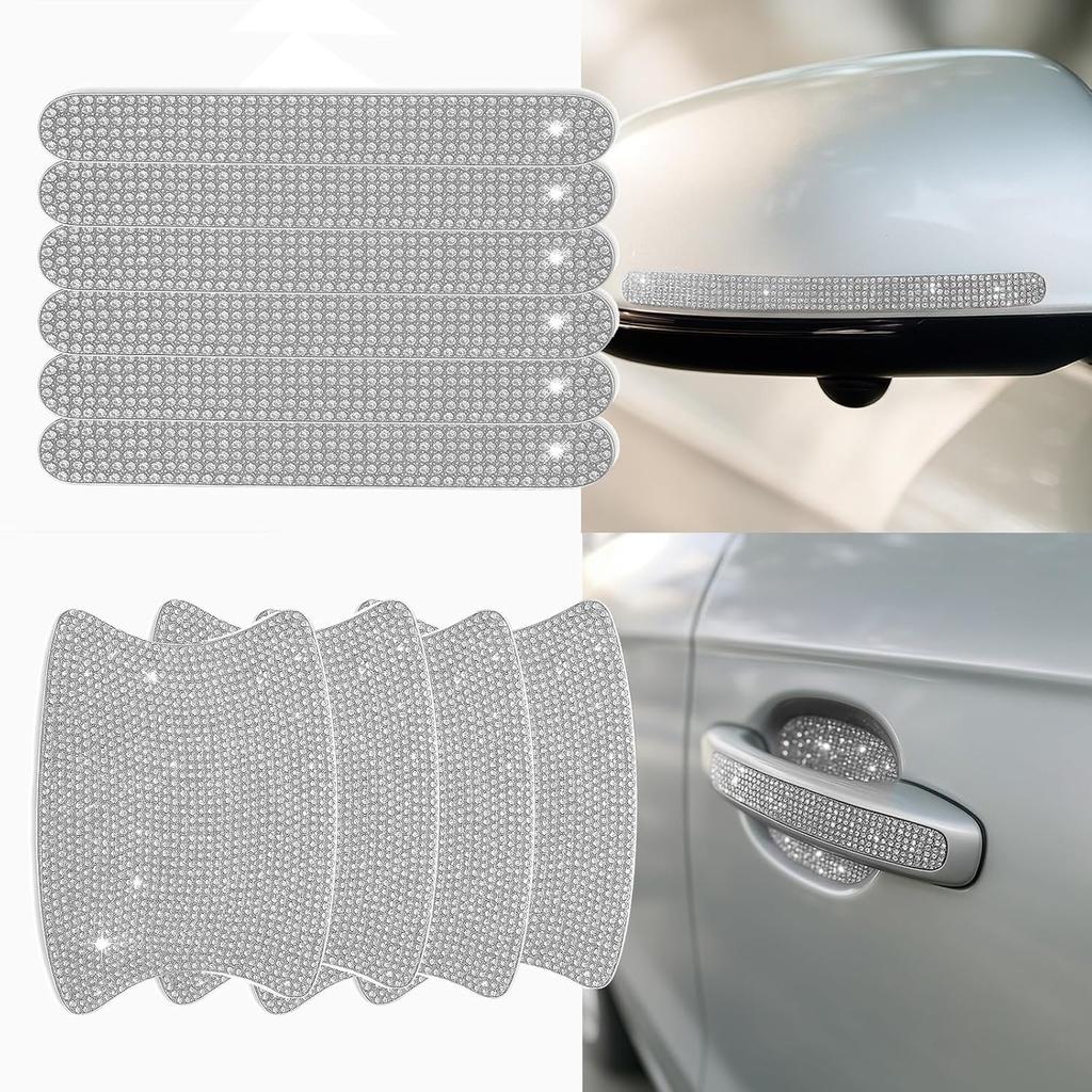 10PCS Bling Car Door Handle Protectors, 4 Door Bowl Stickers + 6 Handle Strips, Crystal Rhinestone Anti-Scratch Car Accessories, Sparkling Auto Decor