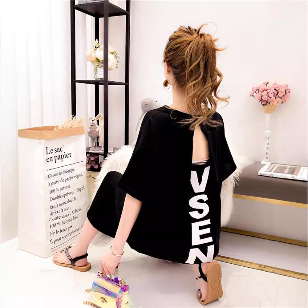 Korean Style Plus Size Women's Versatile Letter Print Backless Over-the-Knee Dress