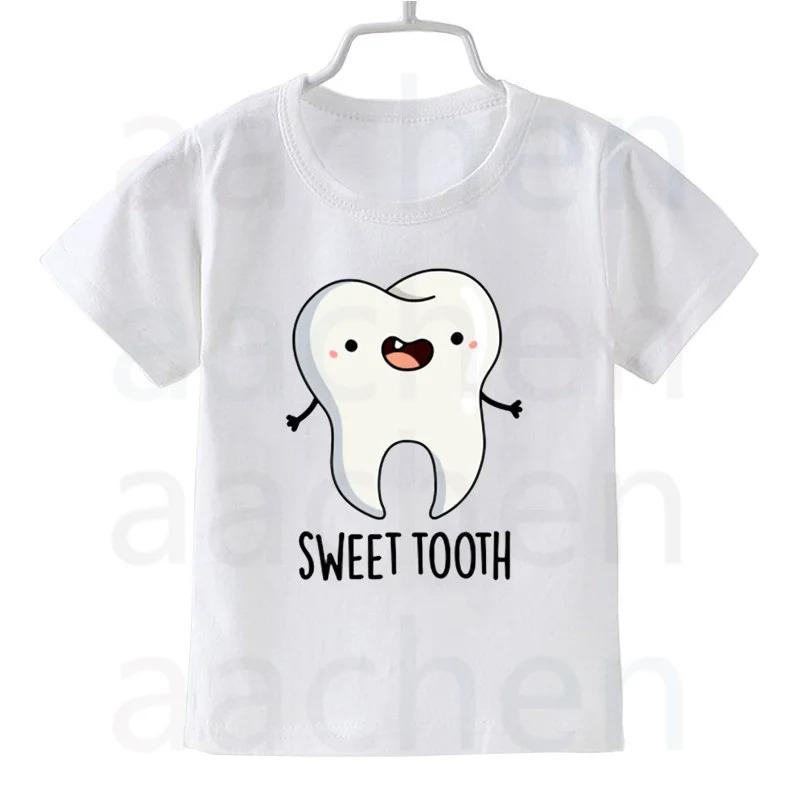 Tooth Dentist Cartoon Print Kid Cute White T Shirt Children Short Sleeve Clothing Funny Cartoon Party Top Boys and Girl Tshirt