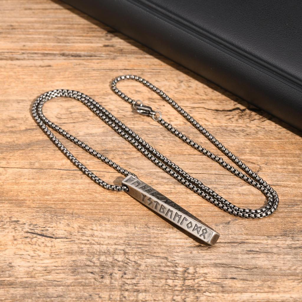 Vintage Nordic Viking Rune Pendant Necklace for Men Stainless Steel Twisted Bar Jewelry