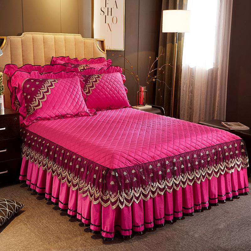 European-style Crystal Velvet Quilted Bed Skirt Single Piece Autumn Winter Thickened Lace Bedspread Bed Cover Non-slip Sheets