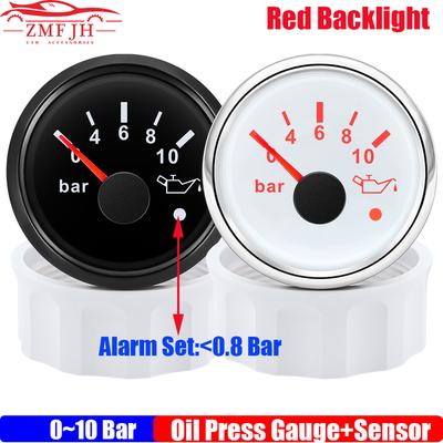 0~10Bar 2" 52mm Oil Pressure Gauge with Alarm Red LED 0~5Bar Oil Pressure Meter Indicator for Auto Car Marine Boat 12V24V