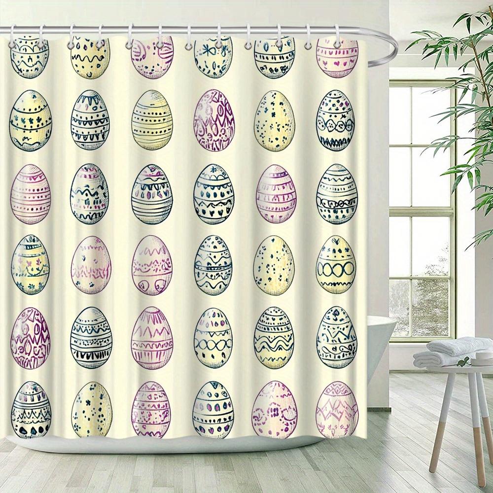 Easter Egg Shower Curtain - Hand-Drawn Whimsical Design, Blue, Pink & Purple Eggs On Pale Yellow, 12 Hooks