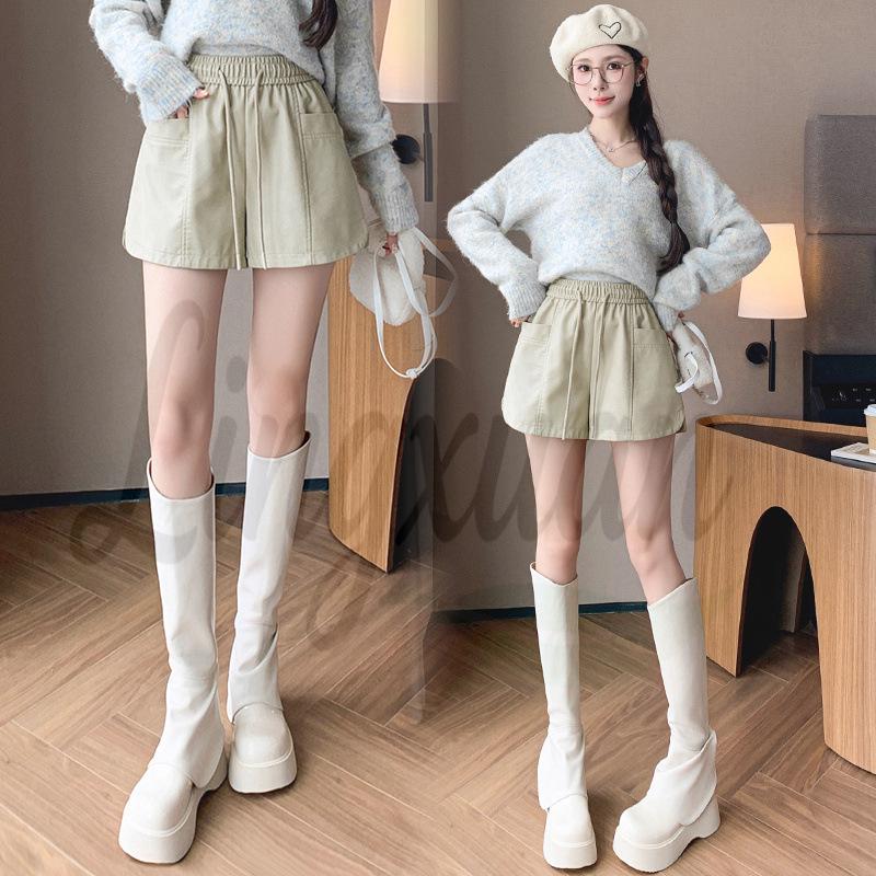 

Women s Winter PU Leather High-Waist Bootcut Shorts: Elastic Waist, Loose Wide-Leg Style Small бежевый