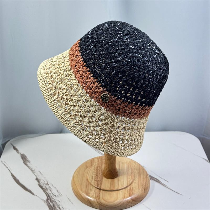 Vintage Color Block Knit Cotton Linen Fisherman Hat For Women Spring Summer Bucket Hat Sunscreen Chapeau Retro