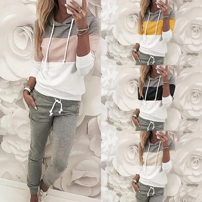 Autumn Winter Clothes Set Women 2pcs Patchwork Color Hooded Top Sweater + Full Length Drawstring Pants Fashion New