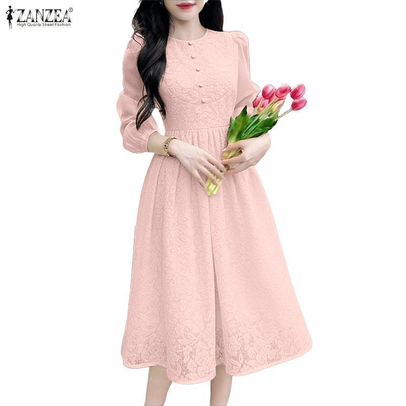 ZANZEA Women Elegant Round Neck Long Sleeve Lace Patchwork Casual Dress