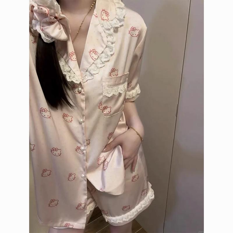 Korean high-end pink polka dot Hello Kitty pajamas women s summer lace short-sleeved shorts set loungewear S