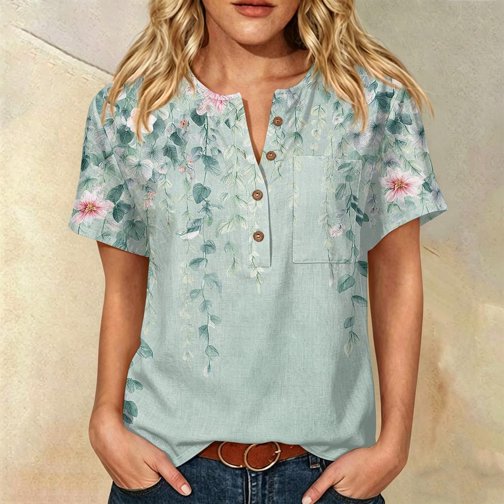 Women Henley Neck Printed Short Sleeve Cotton Linen Shirt with Front Pocket and Button Casual Fit Top