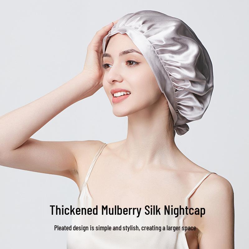 19 Momme Thick Silk Nightcap - 100% Mulberry Silk Hair Growth & Care Cap, Anti-Frizz Bath Cap for Dry Hair
