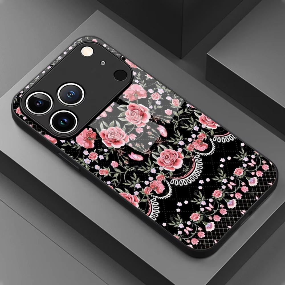 Elegant Black with Pink Roses Glass phone case mobile phones for iphone 17 pro max cover for iPhone 17 16 15 14 13 12pm Pro Plus
