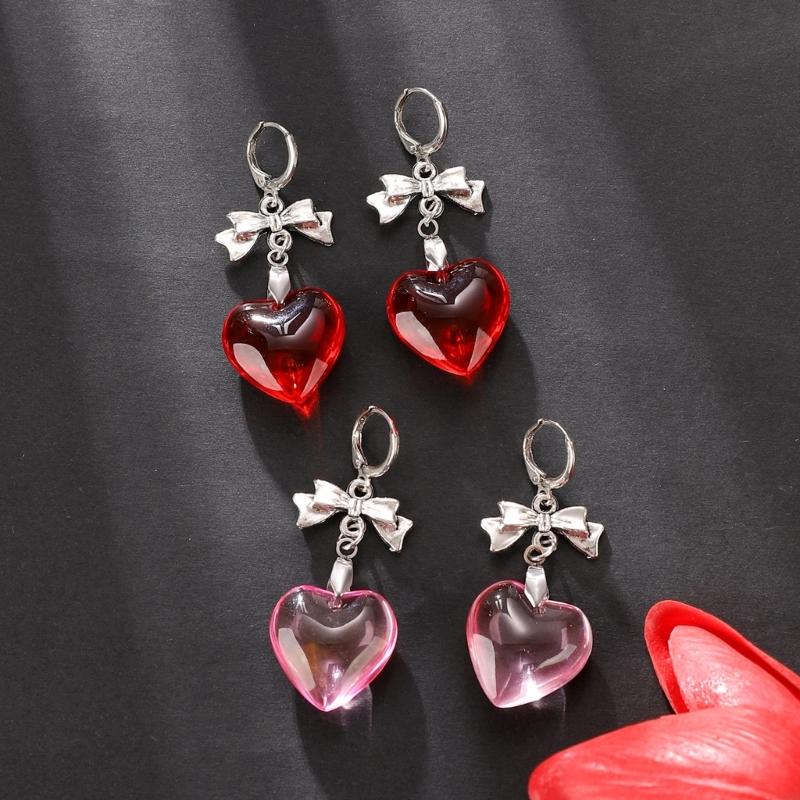 Sweet Cool Bowknot Earings Glass Love Heart Dangle Earrings Pendant Ear Rings Jewelry Punk Accessory for Women and Girls
