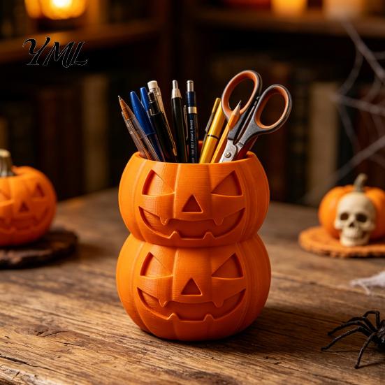 Unique Desk Organizer 3D Printed Double Pumpkin Pen Holder, Stacked Desktop Organizer, Stationery Halloween Storage Container for Pencils Markers And