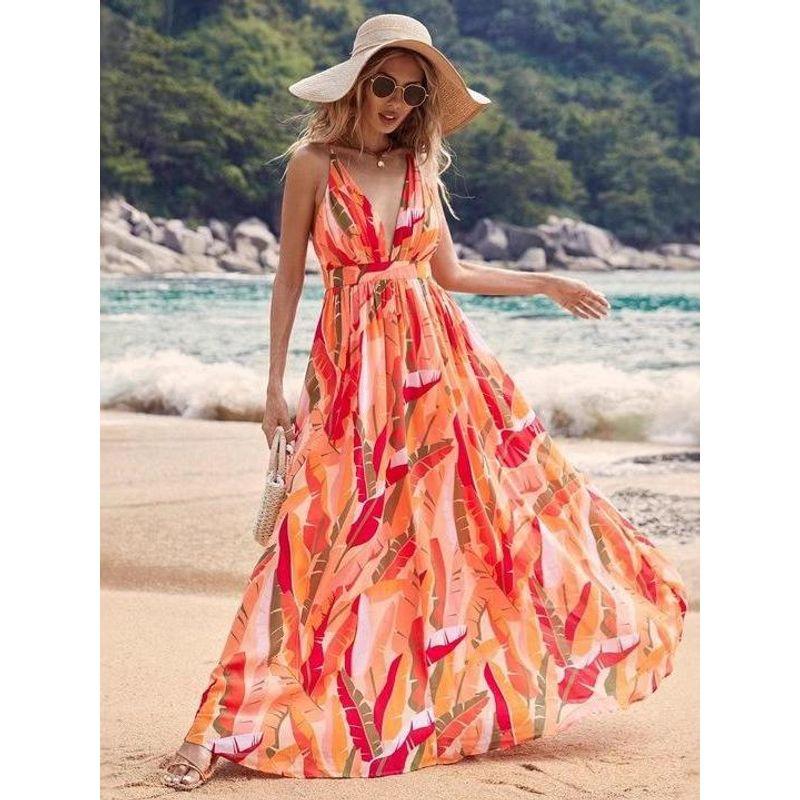 

Foreign Trade European and American Women s Clothing Amazon 2025 Summer Deep V Cross-Halterneck Spaghetti-Strap Floral Print Large Swing Dress Color S